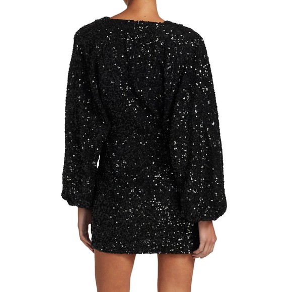 Retrofete Aubrielle Sequin Mini Dress L Black Chiffon Puff Sleeve Party Prom NWT - Picture 6 of 10